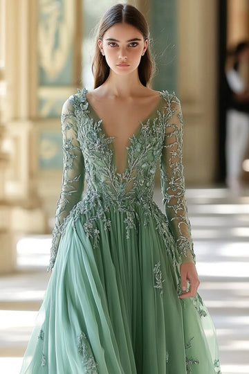 Sage V-Neck Appliqued A-Line Long Prom Dress with Long Sleeves